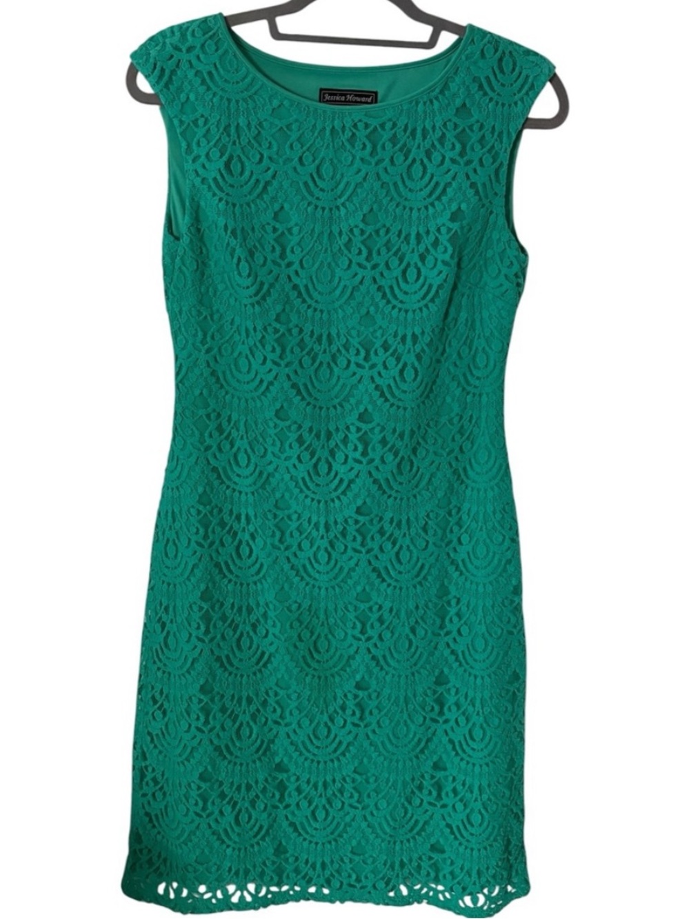 Jessica Howard Dress SIZE 4 Teal Sheath Sleeveless Midi Cocktail Lace Overlay